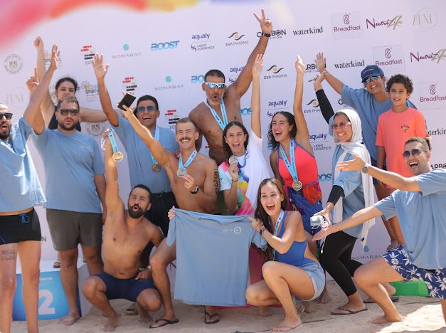 Race finishers celebrating with medals